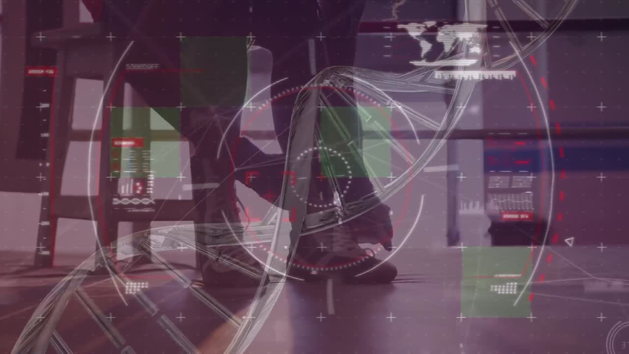 animación de pantalla con datos científicos y adn sobre las piernas de un hombre caucásico atando zapatos