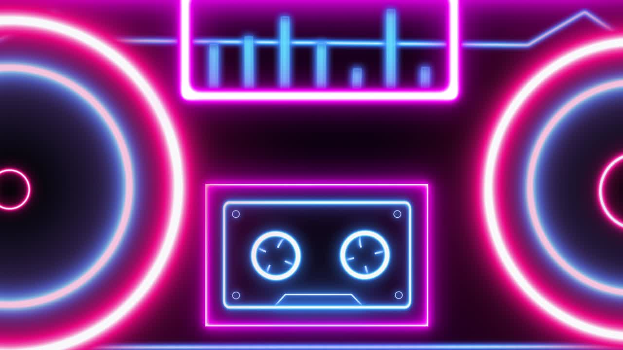 estéreo de neón de alta fidelidad con reproductor de casetes en bucle, ecualizador y altavoces de auge