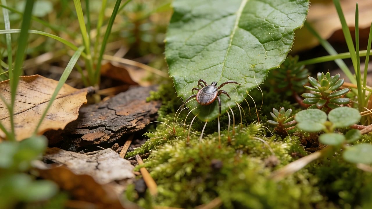 Crawling small tick reaching leaf edge at forest floor, descending onto moss and probing substrate