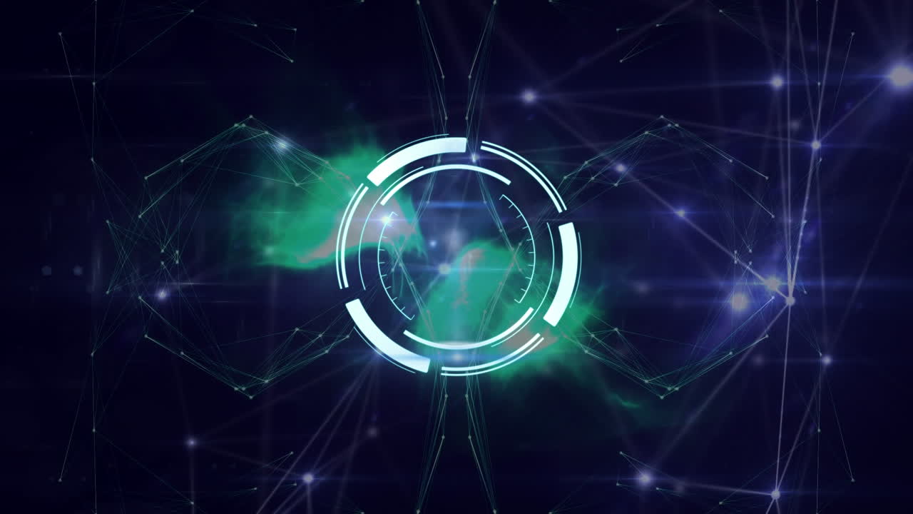 Animation of round scanners and glowing network of connections against black background