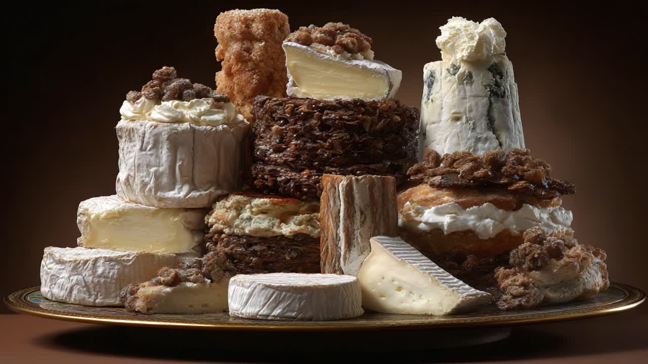 A Gourmet Display of Assorted Cheeses Showcasing a Variety of Textures and Flavors, Arranged Artistically on a Plate Against a Dark Background