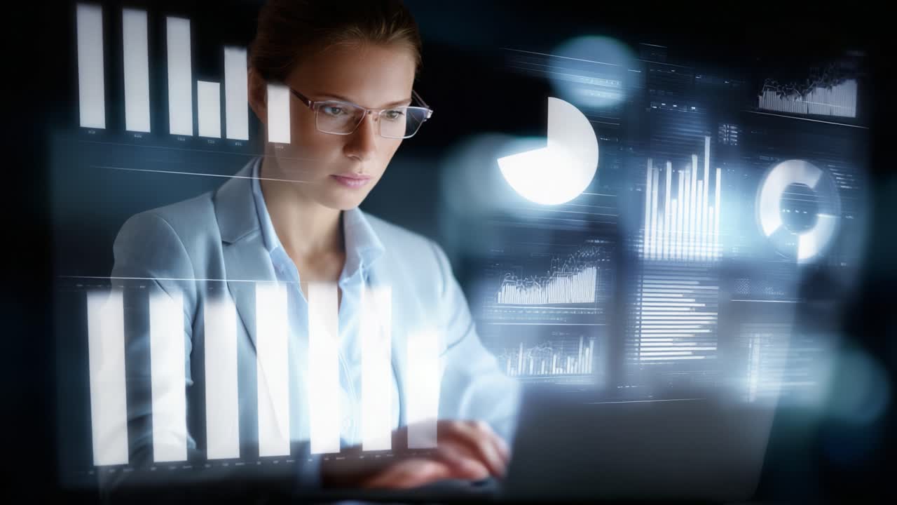Analyzing Data Visualizations: A Professional Woman Engaged in Data Interpretation and Business Analytics Using Advanced Technology Tools on Her Laptop