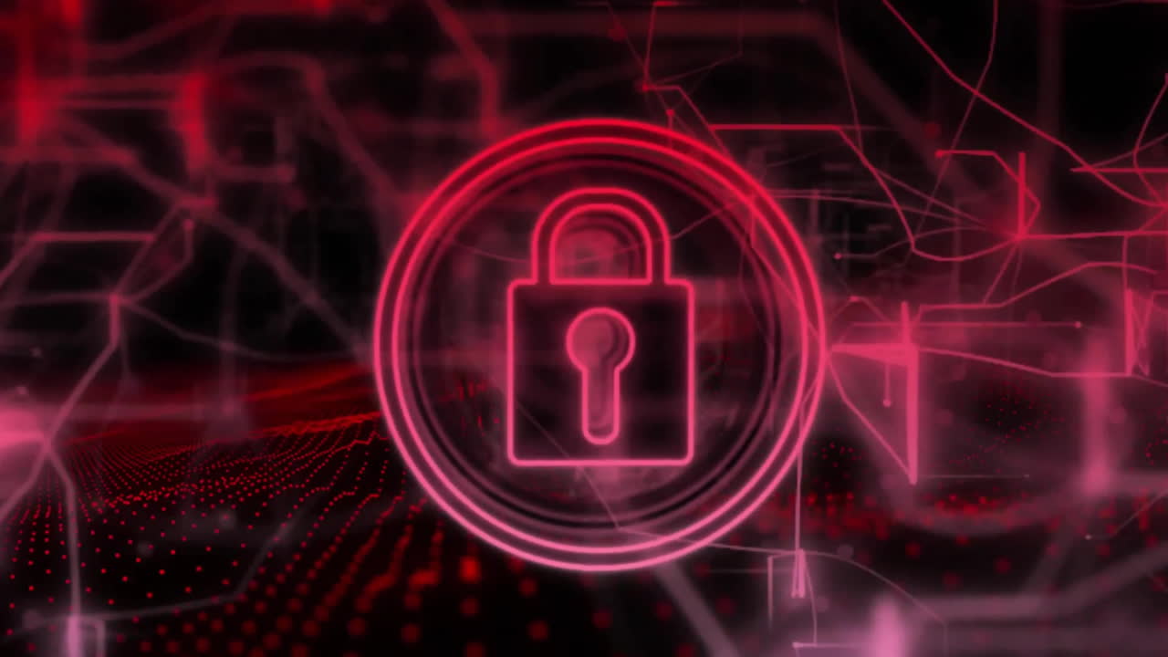 animación del candado en círculos y patrón de navegación sobre fondo negro