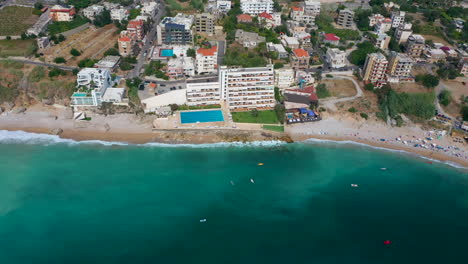 Gorgeous-aerial-drone-view-of-the-stunning-coastline-of-Byblos,-Lebanon