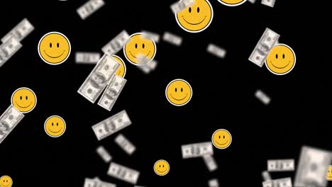 Animation-Von-US-Dollar-Scheinen,-Die-über-Lächelnde-Emojis-Auf-Schwarzem-Hintergrund-Fallen