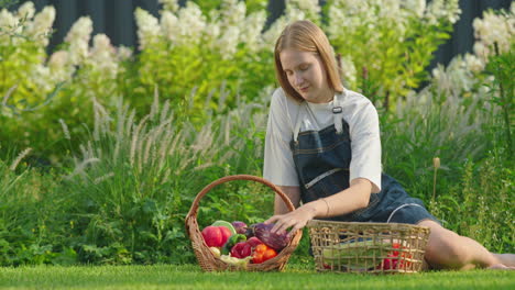 young woman harvesting vegetables in garden