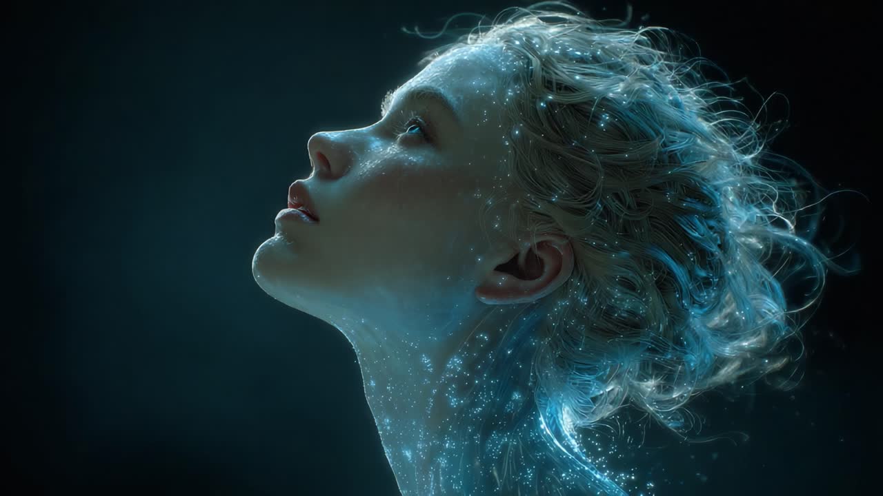 Un'esplorazione surreale di bellezza eterea e luce: Ritratto accattivante di una giovane donna con particelle cosmiche che le illuminano i lineamenti