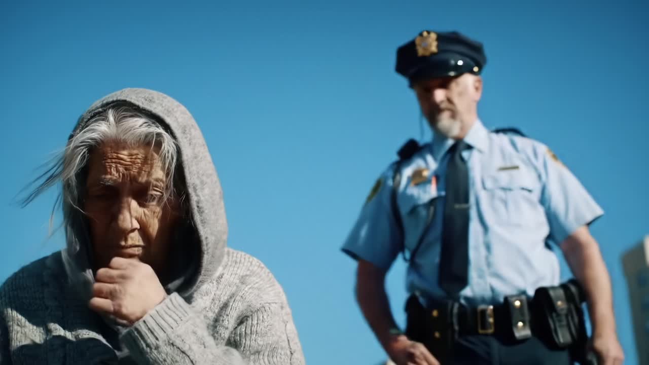 A tense moment unfolds between an elderly woman in a grey hoodie and a police officer, capturing the raw emotions of vulnerability and authority under a clear blue sky