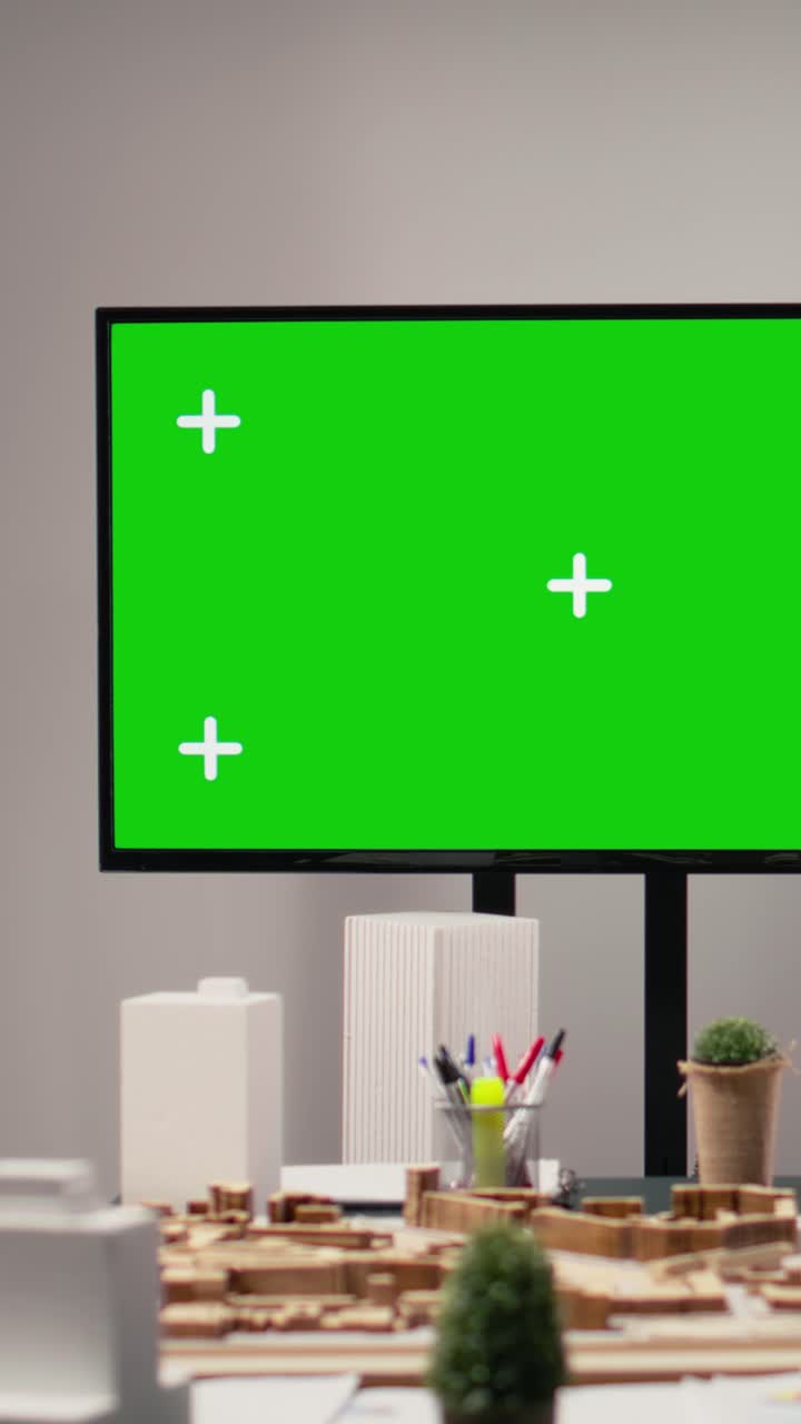 Vertical Video Empty desk layout in architectural real estate office with chroma key
