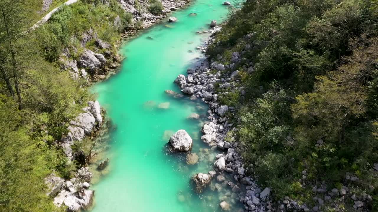 Slovenia, turquoise river with forest and mountain