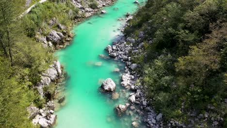 slovenia, turquoise river with forest and mountain