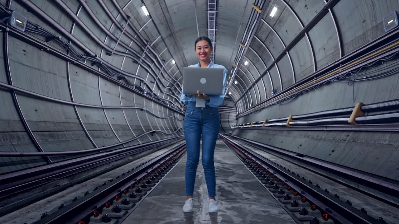 Full Body Of Asian Female With Her Laptop In Underground Subway Tunnel, She Is Looking At The Camera With A Smile
