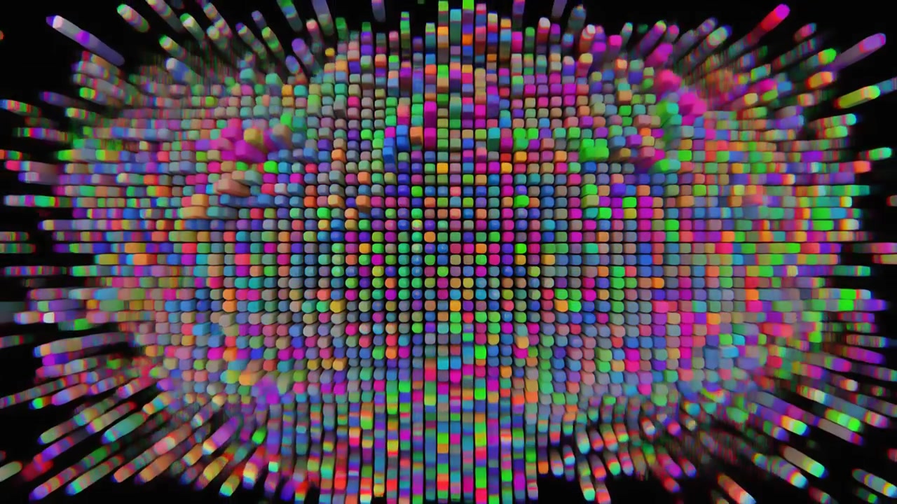Abstract Animation of Colorful Glowing Cubes Moving in a Grid