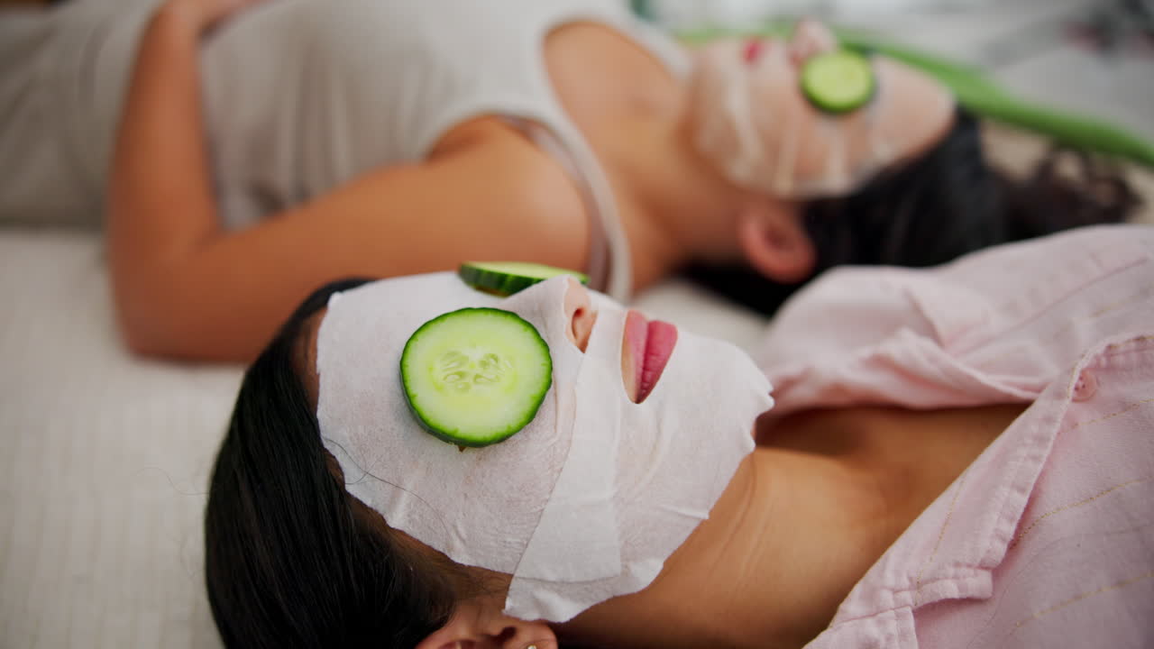Women relaxing with face masks and cucumbers