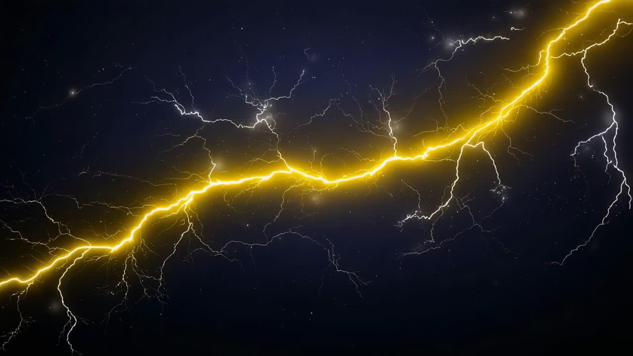 Appearing near lower-left, golden bolt slicing across navy, emitting white forks, soft halo, specks