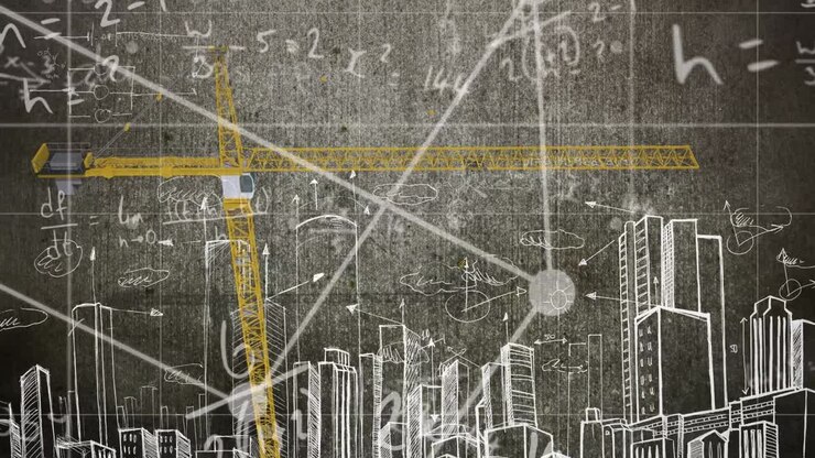 Mathematical equations and formulas floating against crane and cityscape sketch on blackboard