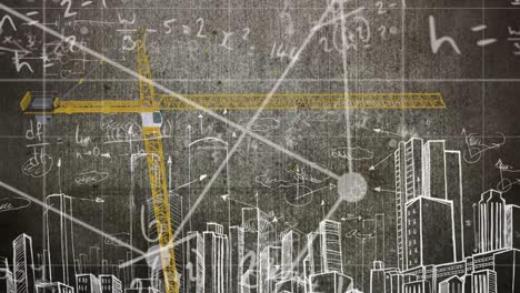 Mathematical-equations-and-formulas-floating-against-crane-and-cityscape-sketch-on-blackboard