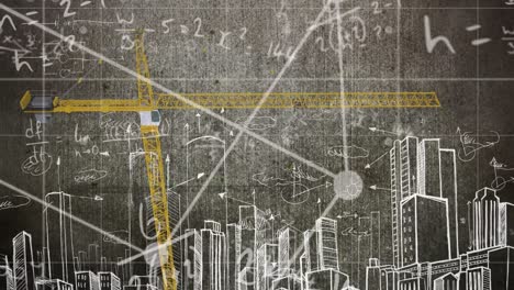 ecuaciones matemáticas y fórmulas flotando contra la grúa y el boceto del paisaje urbano en la pizarra