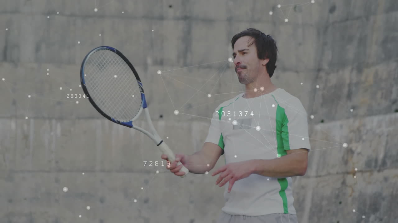 Mature man preparing tennis stroke against concrete wall, showing sports technology data overlay