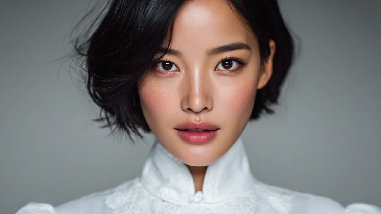 Captivating Portrait of a Woman with a Unique Hairstyle and Elegant Outfit, Showcasing Beauty and Emotion through Subtle Expressions in Two Frames