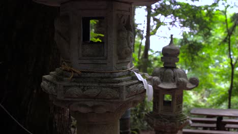 typical japanese stone pillar in forest - locked off static view with background blur