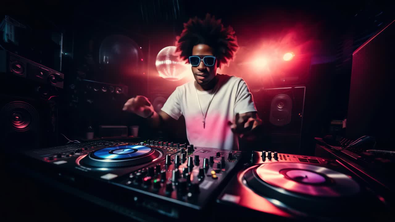Dynamic low-angle shot of a DJ mixing tracks in a vibrant club setting, with colorful lights