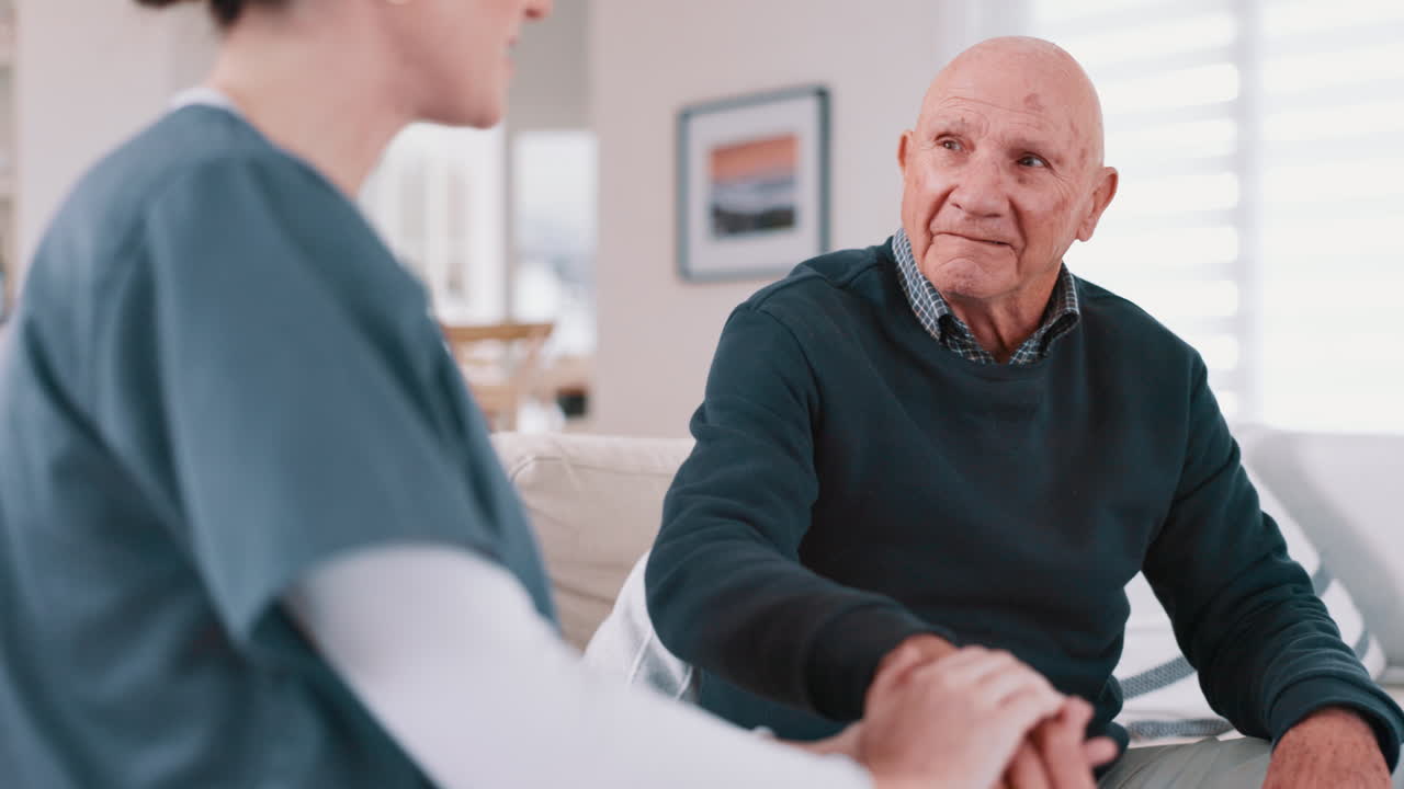 Home, caregiver and senior man on sofa for care