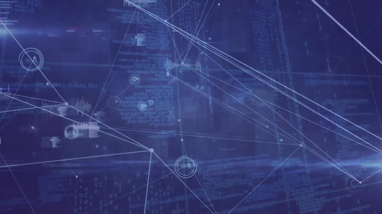 Animation of network of connections and data processing over blue background