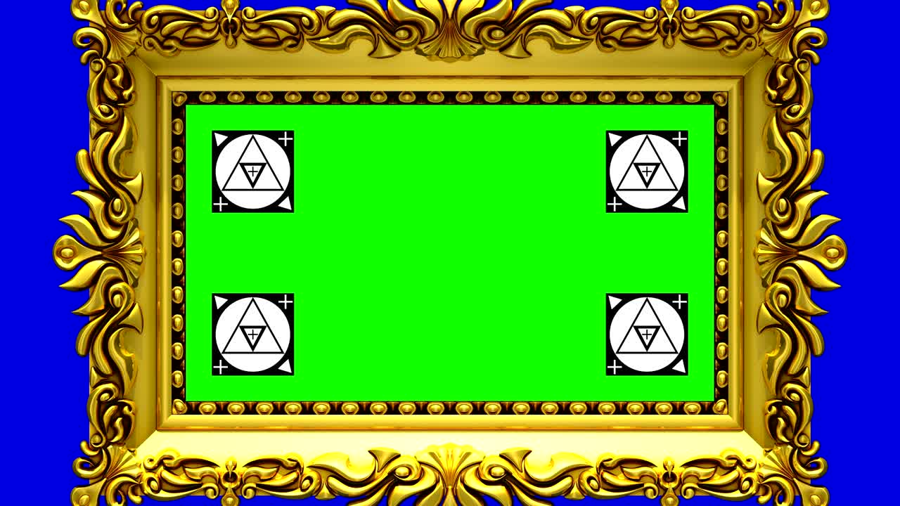 камера приближается к золотой картинке на синем фоне. маркеры отслеживания движения и зеленый экран включены. 3d-анимация.