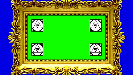 cámara zoom en el marco de la imagen de oro en fondo azul. marcadores de seguimiento de movimiento y pantalla verde incluidos. animación 3d.