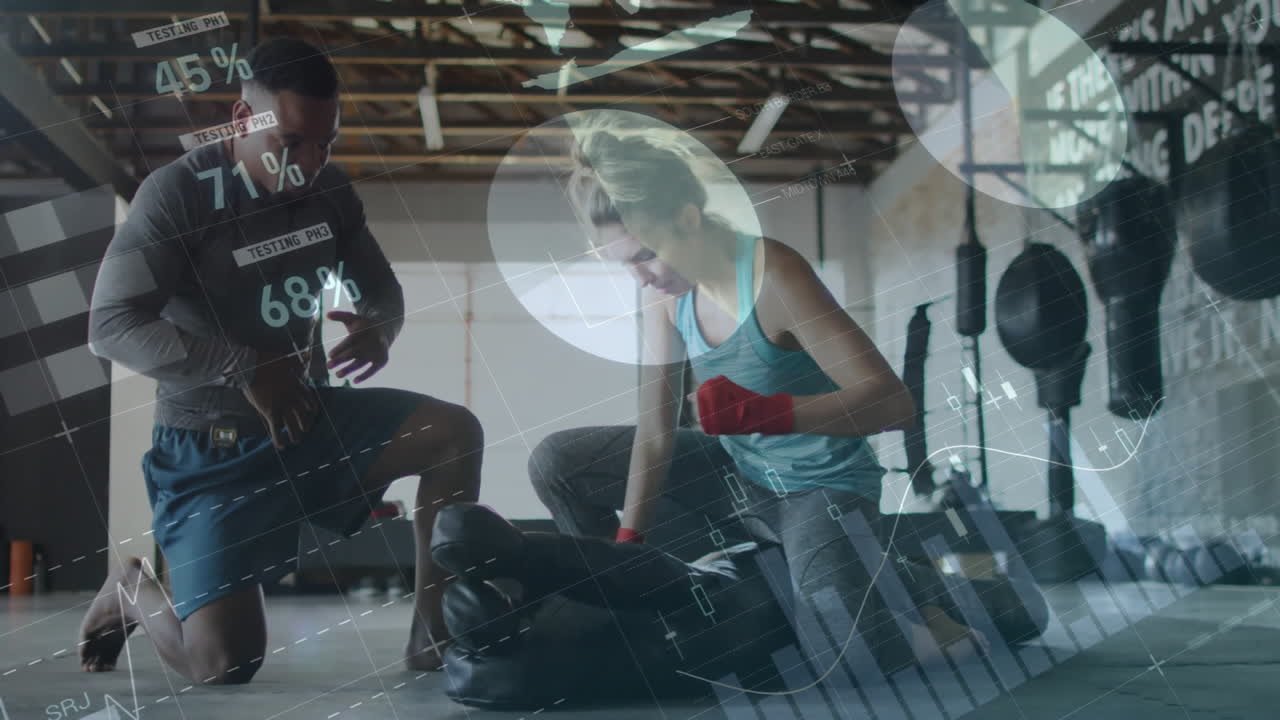 체육관에서 운동선수들에 대한 데이터 분석 애니메이션으로 권투 훈련 세션