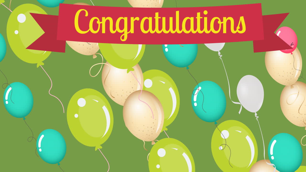 Animation of congratulations text over colorful balloons on green background