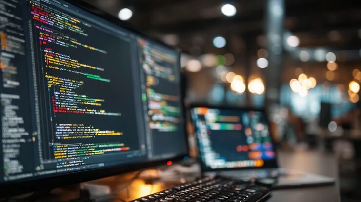 A Close-Up View of Programming Code on Computer Monitors in a Modern Workspace Environment Highlighting Software Development and Coding Practices