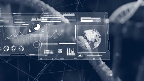 animation of screen with data processing over dna strand spinning