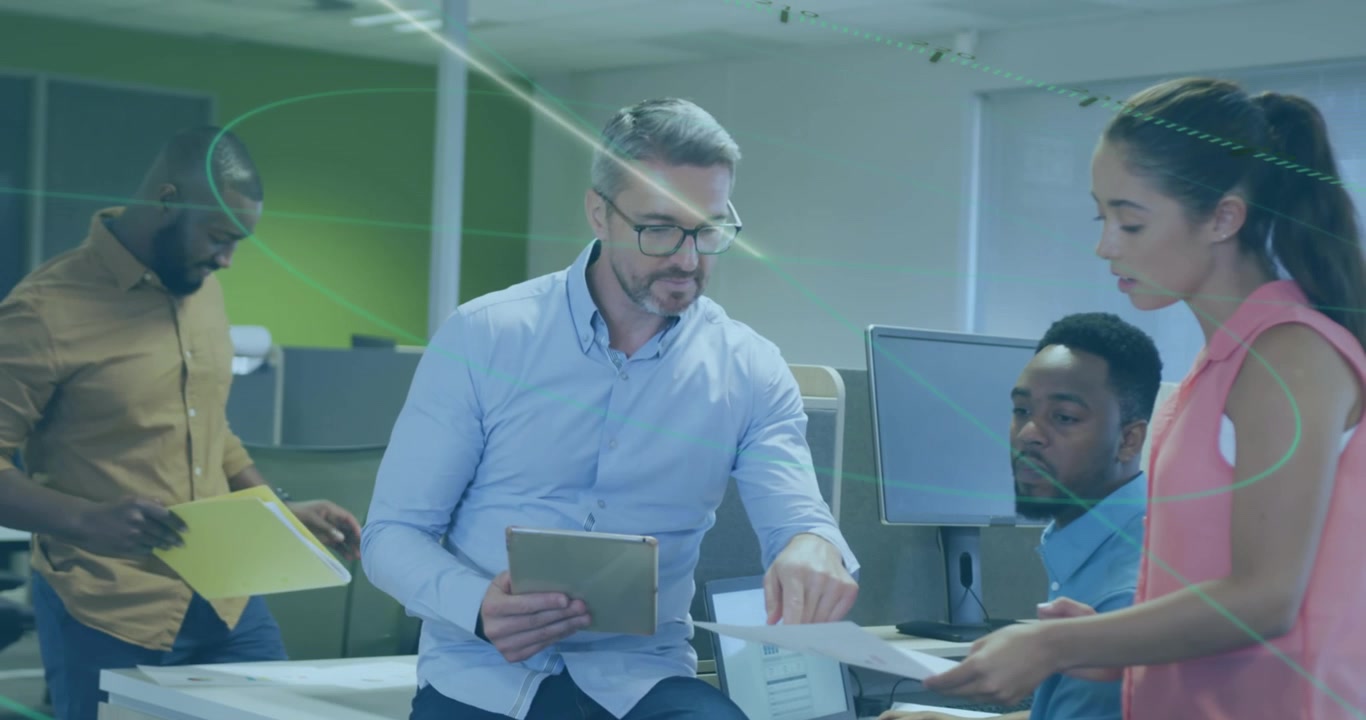 Animation of connections and data processing over business people in office