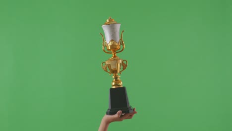 raised hands of a woman are holding a trophy. green screen background