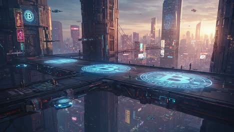 Futuristic Cityscape with Bitcoin Symbols: A Stunning Visual of Cyberpunk Architecture and Technological Advancements in a Neon-Lit Urban Environment