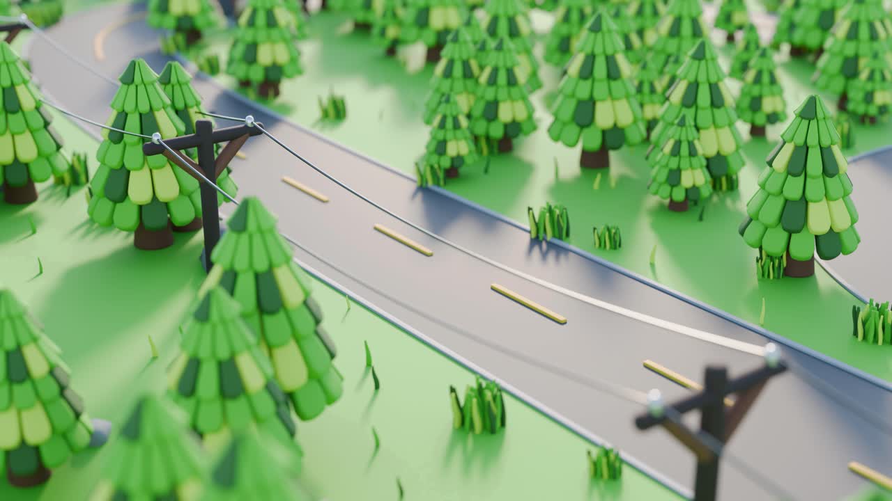 Stylized Cartoon Road with Trees and Car