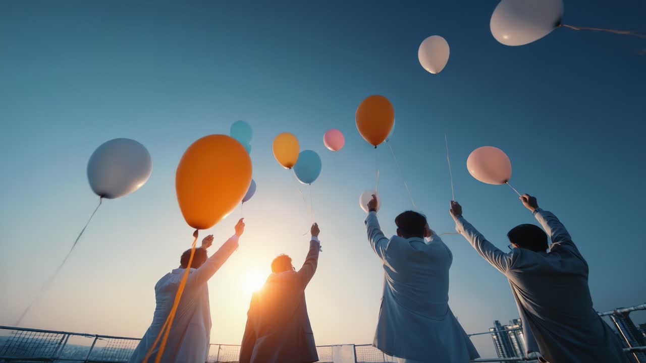 Celebration of Joy: Four Individuals Release Colorful Balloons Into the Sky Against a Stunning Sunset Backdrop, Capturing a Moment of Shared Happiness and Freedom