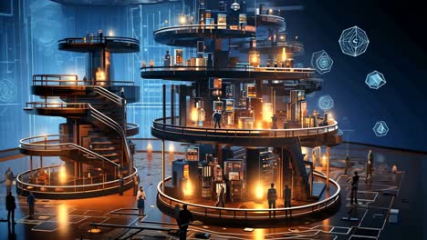 futuristic multi-level tech hub with people interacting