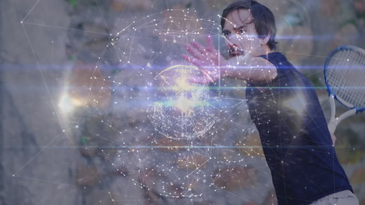 mature male athlete swinging racket outdoors, overlaying glowing tech network sphere with nodes