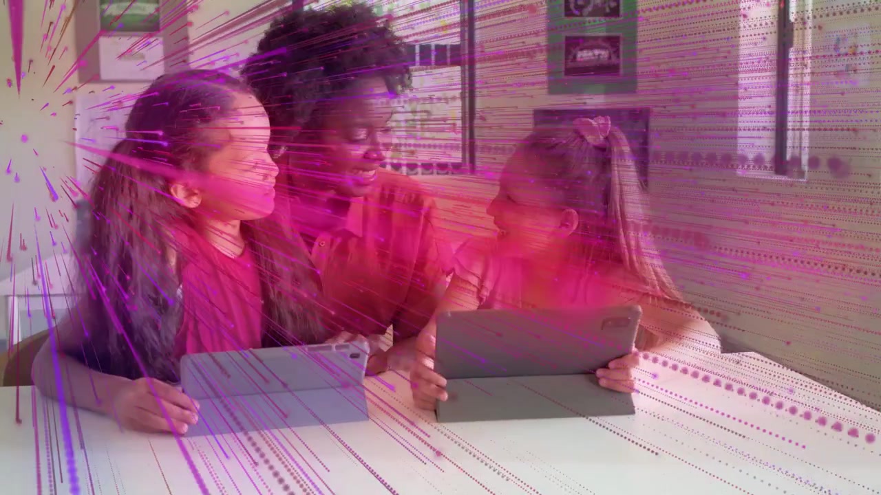 Tutor leaning forward guiding children tapping tablets for learning, with pink radial overlay