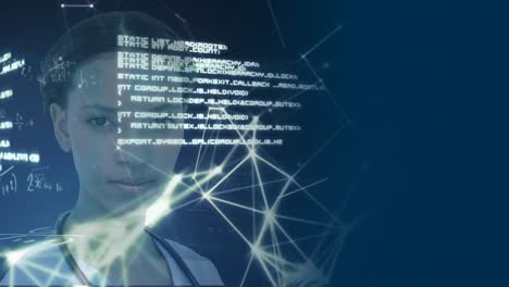 portrait of mixed race female doctor with network of connections spinning and scientific data proces