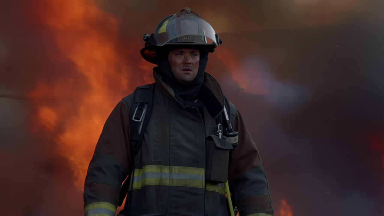 Firefighter standing bravely amidst a raging fire with smoke
