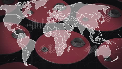 animation of data processing over world map and oil barrels