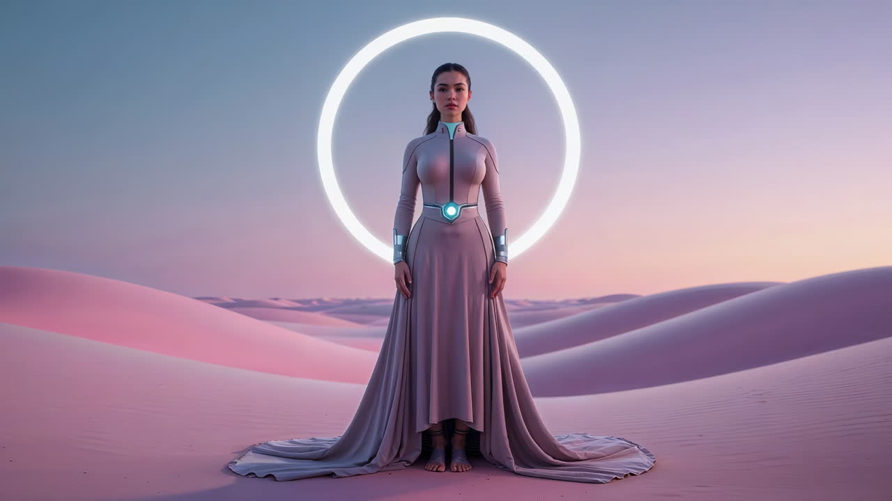 Donna in abiti futuristici in un paesaggio desertico luminoso
