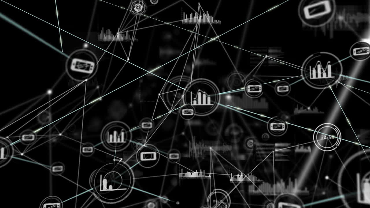 Animation of network of connections with icons over statistics