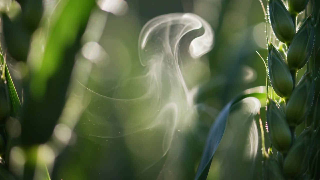 Sunlight backlighting wisp, lifting translucent vapor curling among green stalks, with wheat spike