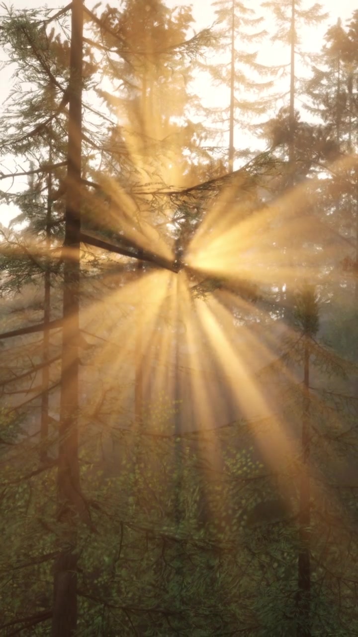 Luz dourada brilha através das árvores em uma floresta durante as primeiras horas da manhã.