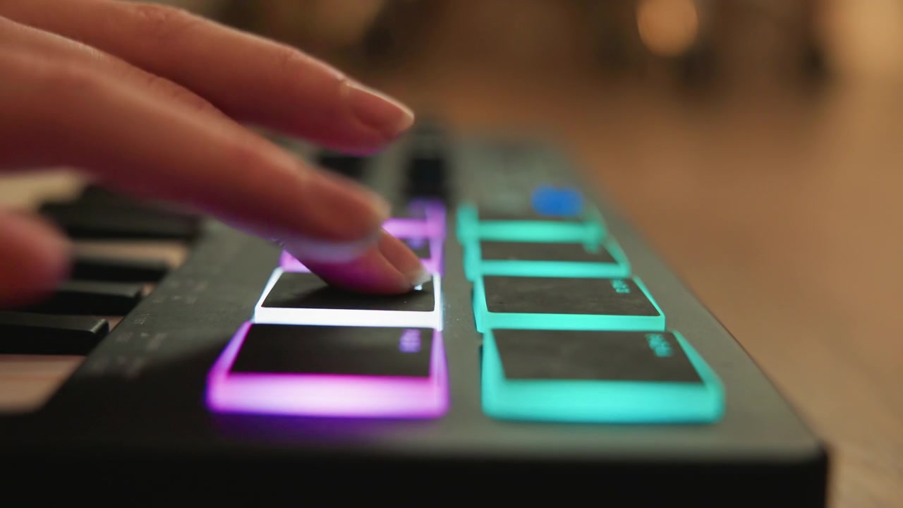 Close low angle motion view of electronic music controller with glowing purple and cyan square pads, while hand touches bright pad for active triggering, rhythmic performance and modern studio